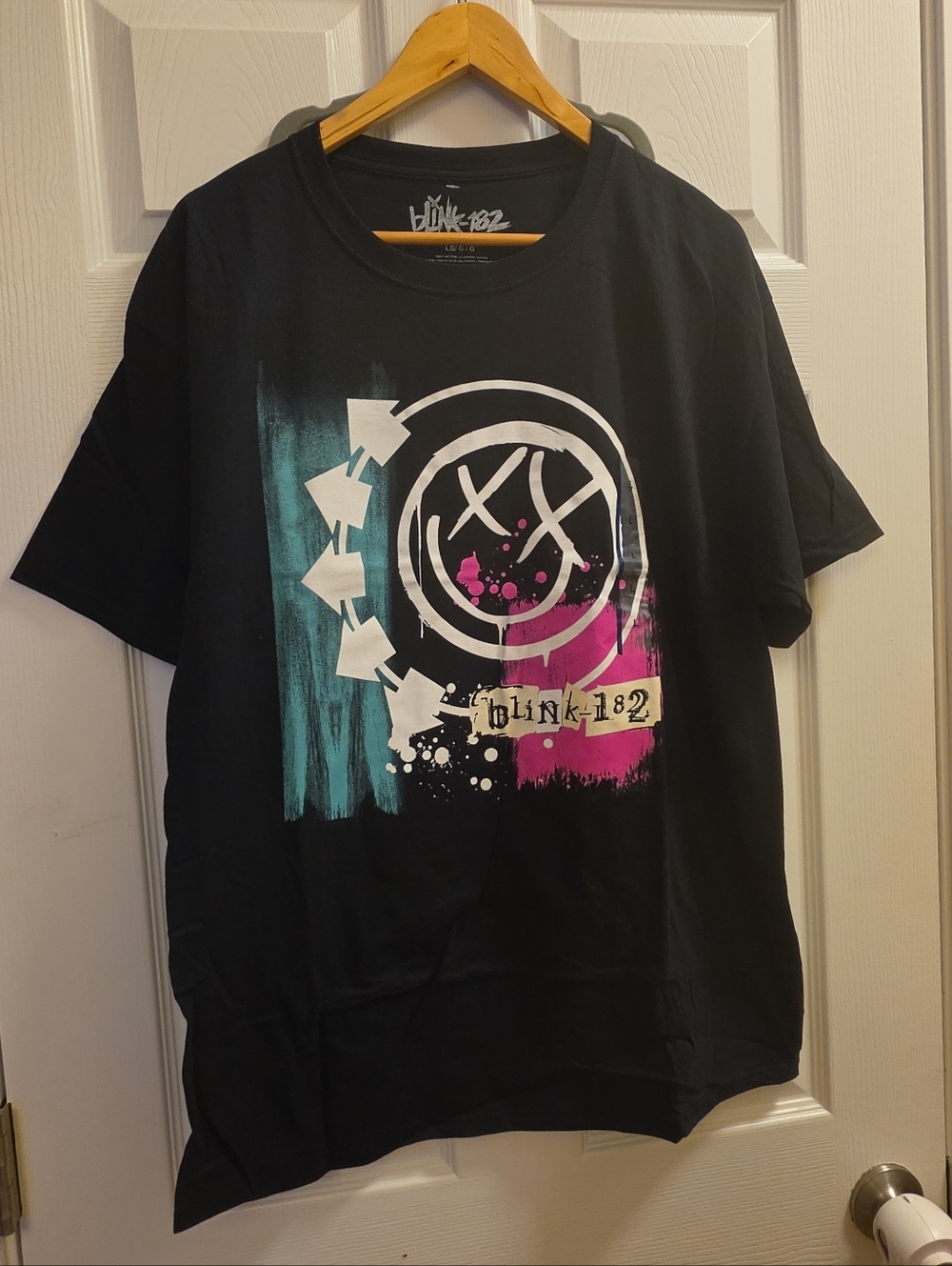 Blink-182 Black Graphic Band Tee with Teal & Pink Accents - New Without Tag